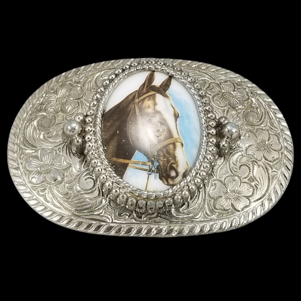 Western Cowboy Horse Head Oval Belt Buckle Silver Tone Ornate Engraved - Picture 4 of 9
